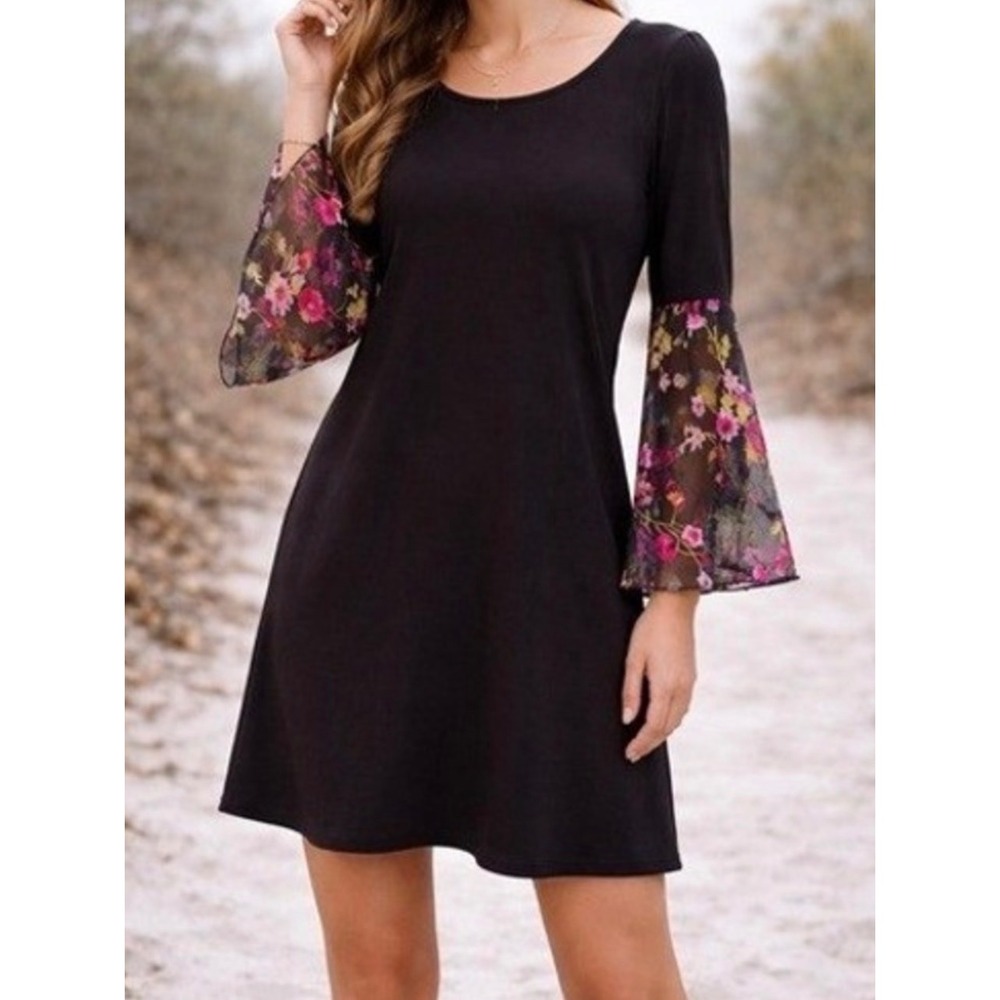 MSK Petite Black Shift Dress Floral Embroidered Bell Sleeve XLP‎ Boho Whimsygoth